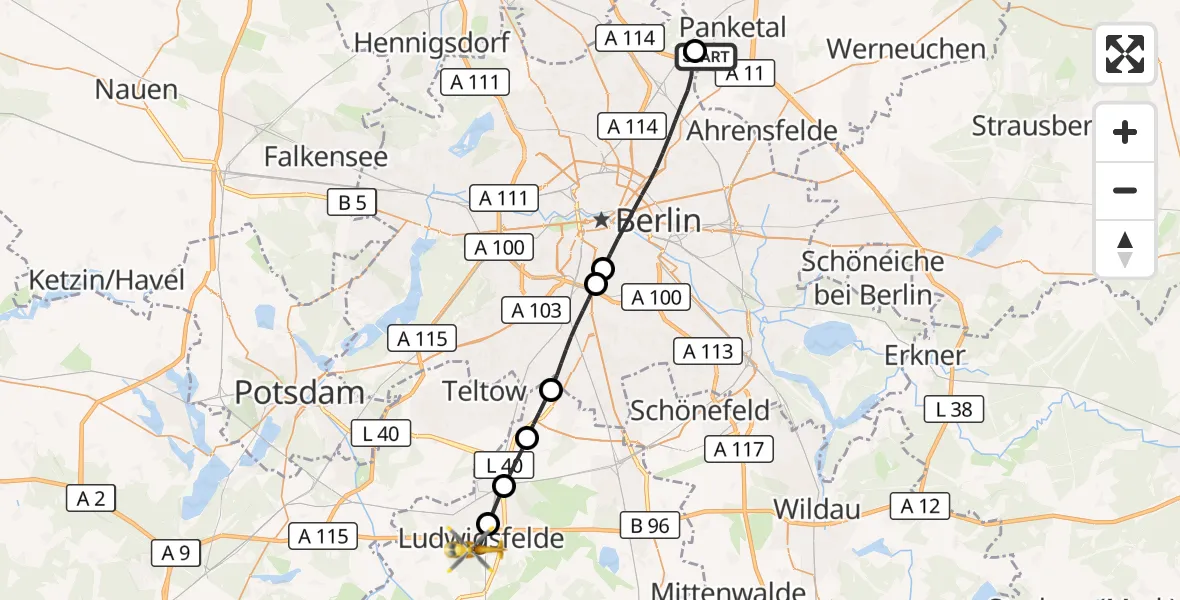 Flugroute Rettungshubschrauber Helios Clinic Berlin-Buch - Ludwigsfelde, 15 März 2026, 11:35