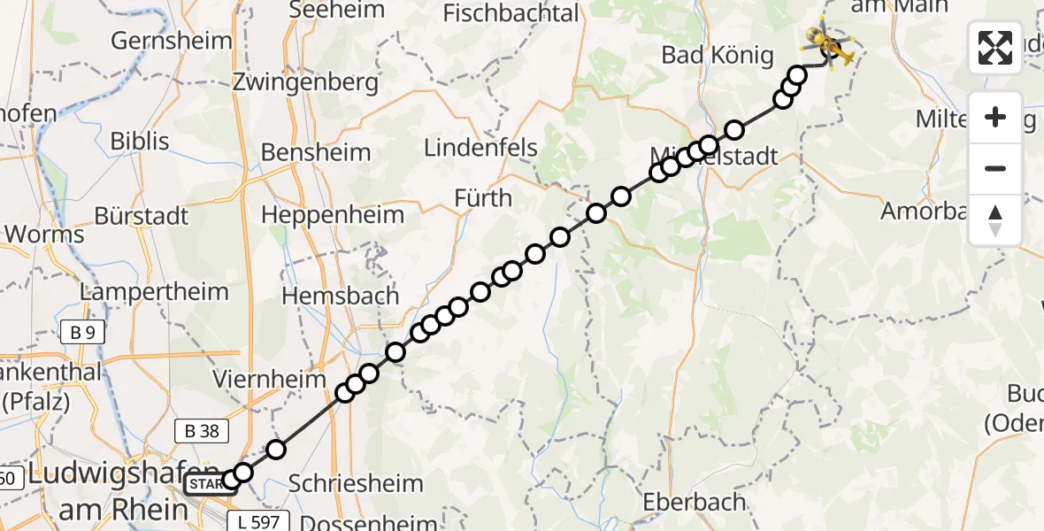 Flugroute Rettungshubschrauber Mannheim-City Airport - Haingrund, 15 März 2026, 11:52