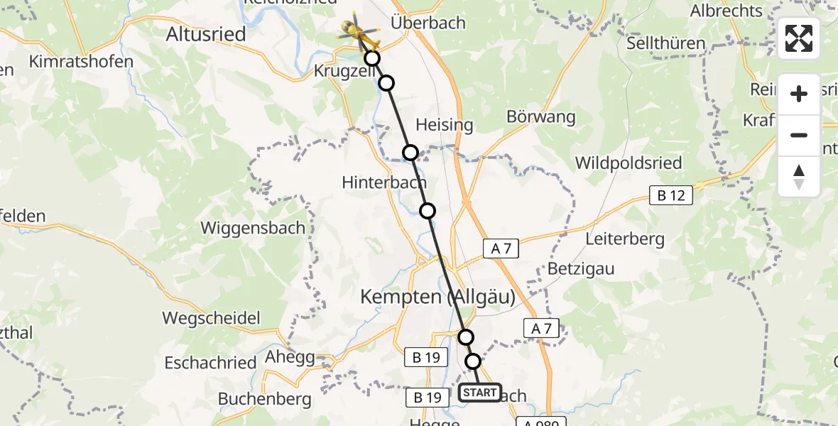 Flugroute Rettungshubschrauber Weidach - Dietmannsried, 15 März 2026, 11:54