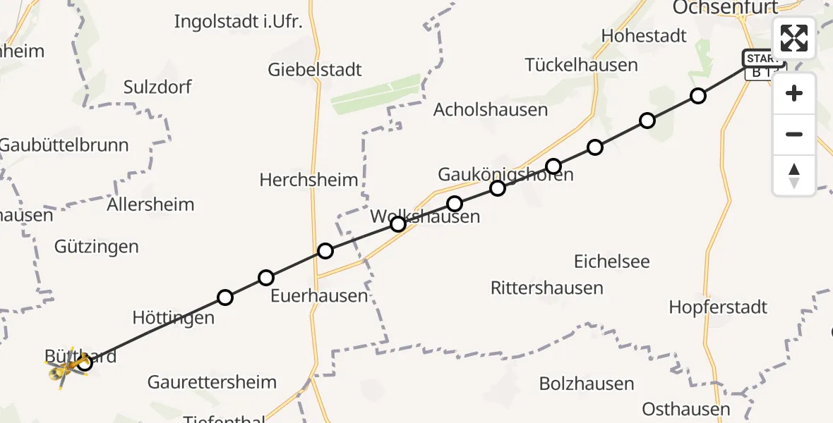 Flugroute Rettungshubschrauber Ochsenfurt - Bütthard, 15 März 2026, 12:10