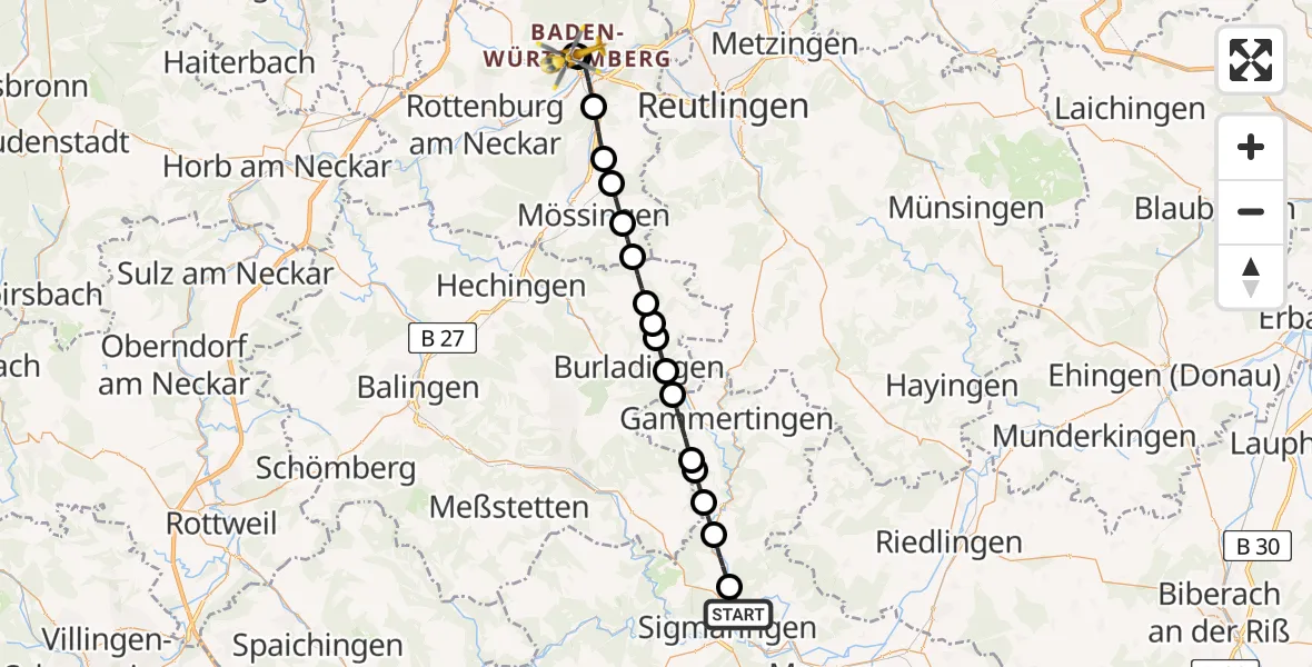 Flugroute Rettungshubschrauber Sigmaringen - Tübingen University Hospital, 15 März 2026, 12:13