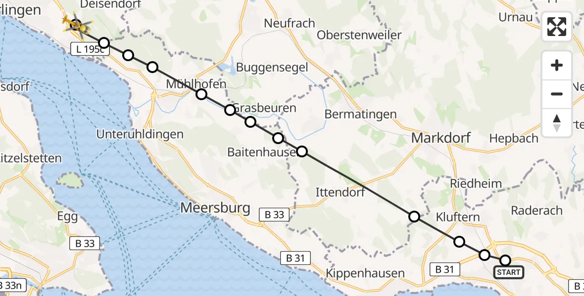 Flugroute Rettungshubschrauber Friedrichshafen Hospital - Deisendorf, 15 März 2026, 12:18