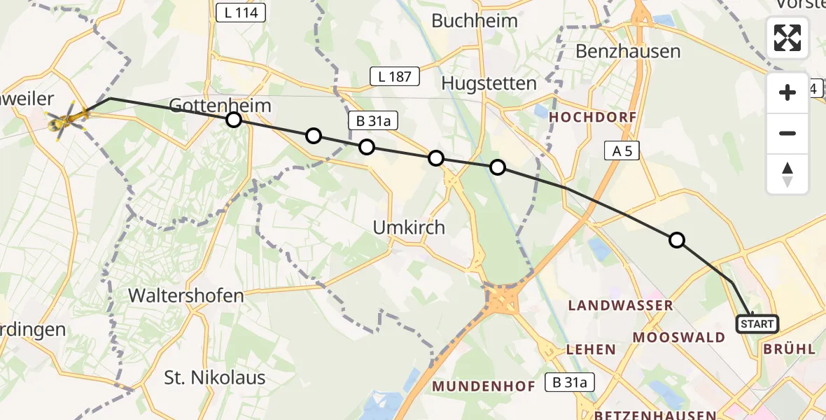 Flugroute Rettungshubschrauber Freiburg im Breisgau Airfield - Ihringen, 15 März 2026, 12:20