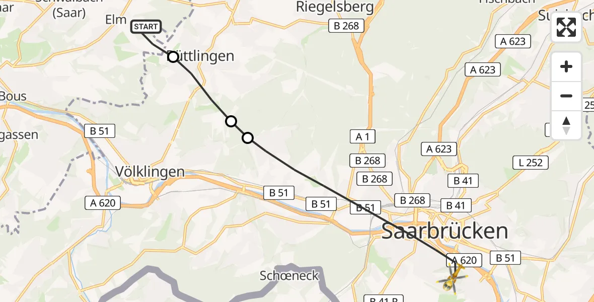 Flugroute Rettungshubschrauber Elm - Saarbrücken, 15 März 2026, 12:38