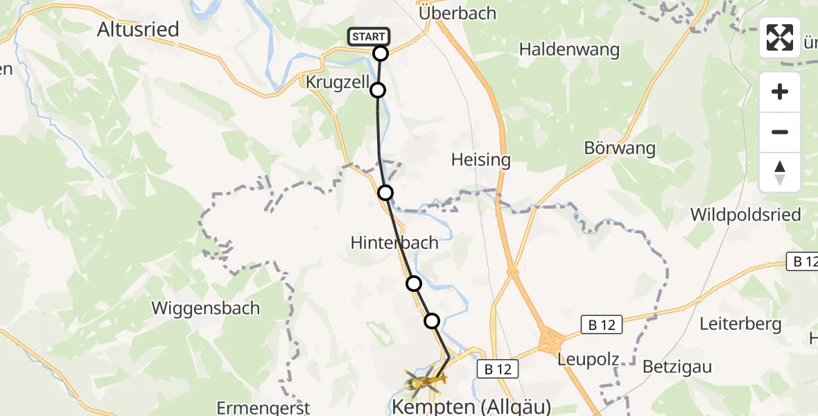 Flugroute Rettungshubschrauber Dietmannsried - Kempten (Allgäu), 15 März 2026, 12:39