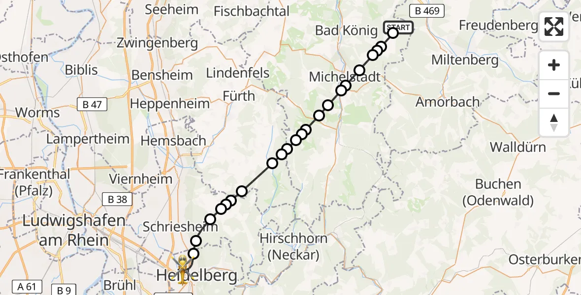 Flugroute Rettungshubschrauber Haingrund - Heidelberg, 15 März 2026, 12:44