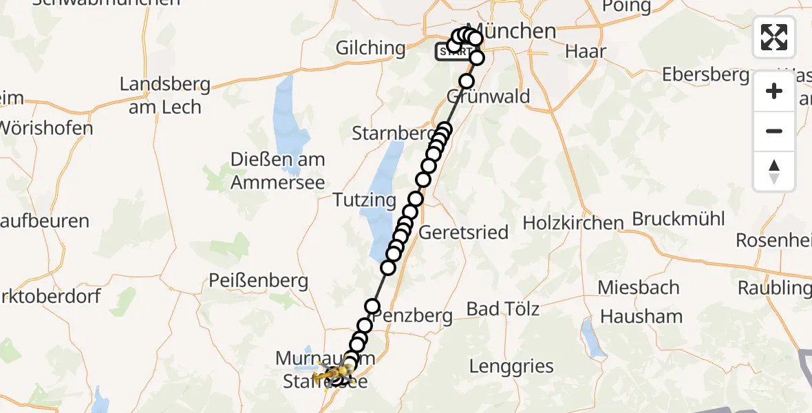 Flugroute Rettungshubschrauber DRF Air Rescue München Heliport - Murnau Accident Hospital, 15 März 2026, 12:46