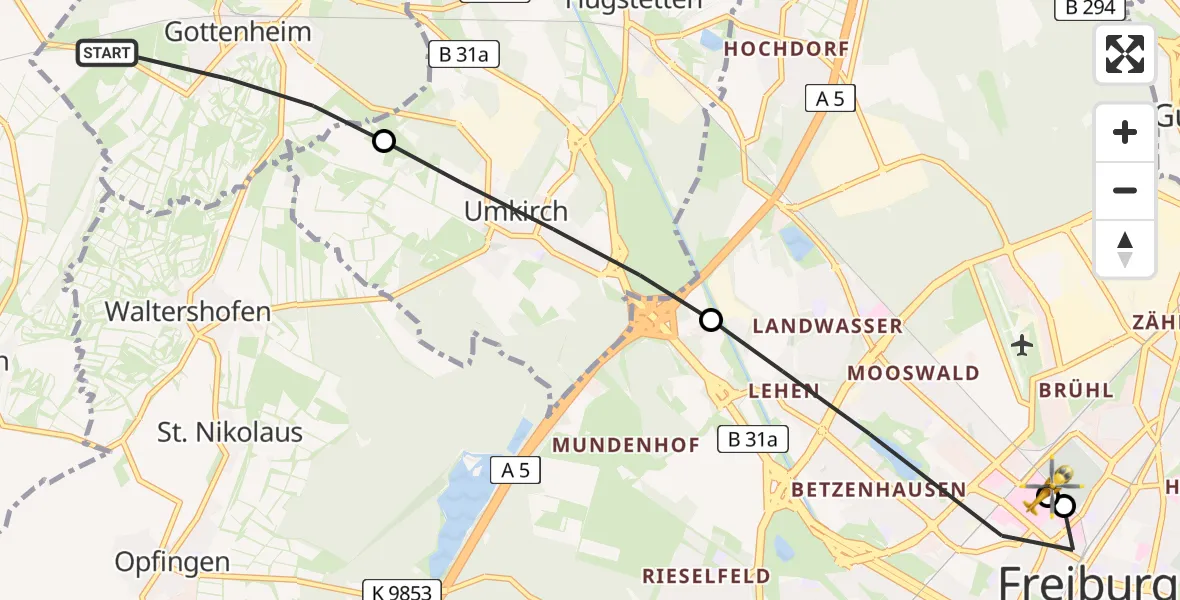 Routekaart van de vlucht: Rettungshubschrauber nach Freiburg University Hospital Heliport 1