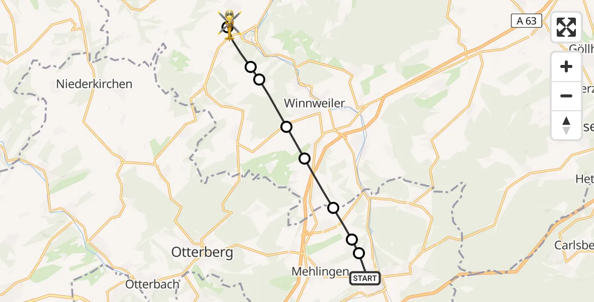 Flugroute Rettungshubschrauber Enkenbach-Alsenborn - Imsweiler UL, 15 März 2026, 12:53