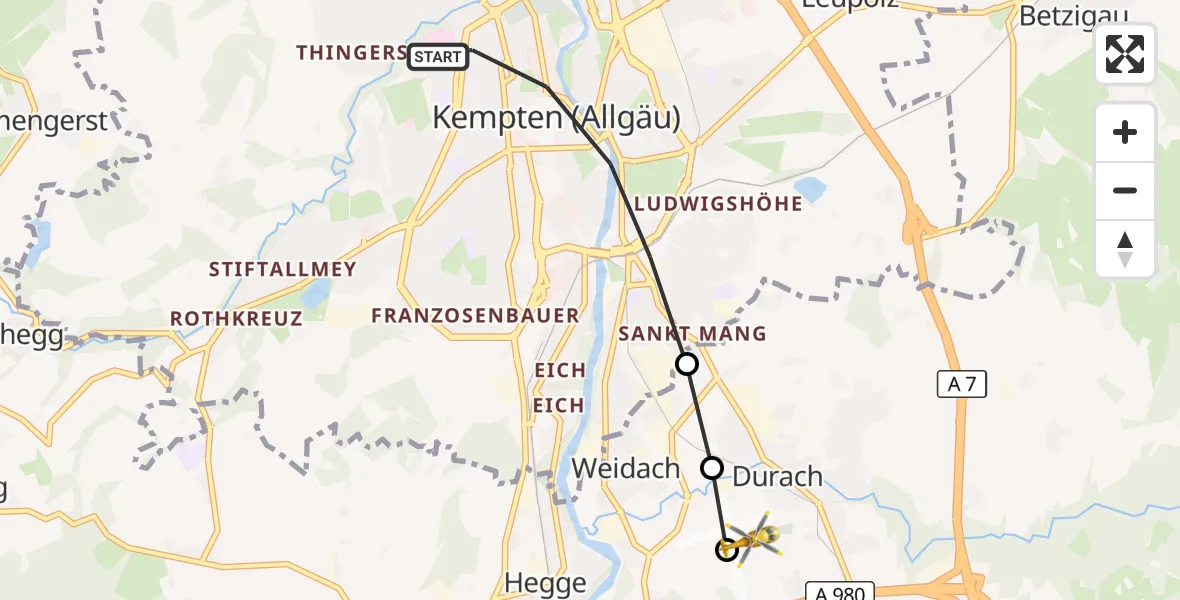 Flugroute Rettungshubschrauber Kempten (Allgäu) - Kempten-Durach Airfield, 15 März 2026, 12:59