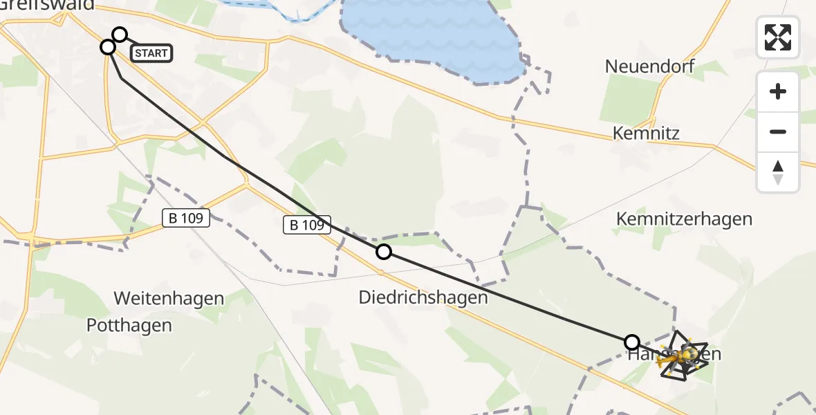 Flugroute Rettungshubschrauber Greifswald Hospital - Hanshagen, 15 März 2026, 13:05