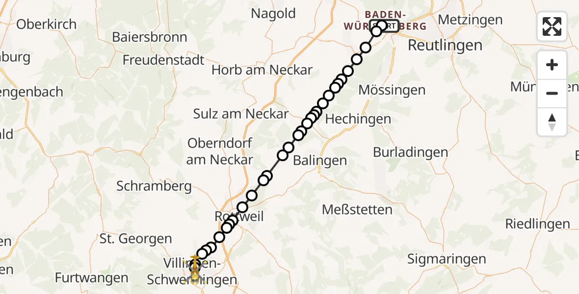 Flugroute Rettungshubschrauber Tübingen University Hospital - DRF Air Rescue Station Villingen-Schwenningen Heliport (Christoph 11), 15 März 2026, 13:10
