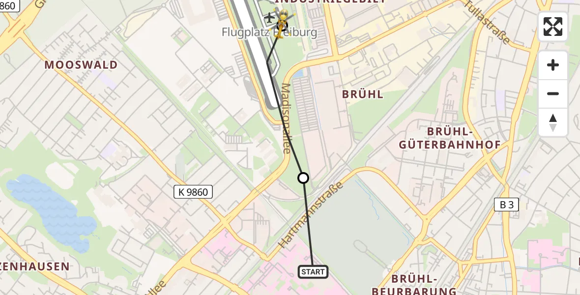 Flugroute Rettungshubschrauber Freiburg University Hospital Heliport 1 - Freiburg im Breisgau Airfield, 15 März 2026, 13:11