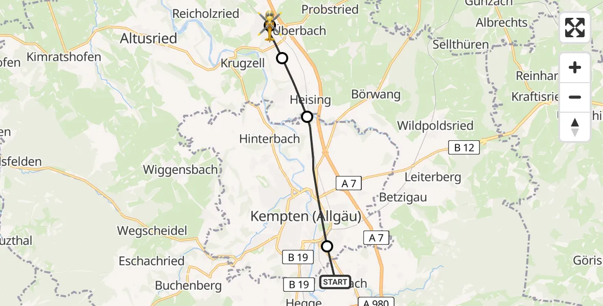 Flugroute Rettungshubschrauber Weidach - Dietmannsried, 15 März 2026, 13:15