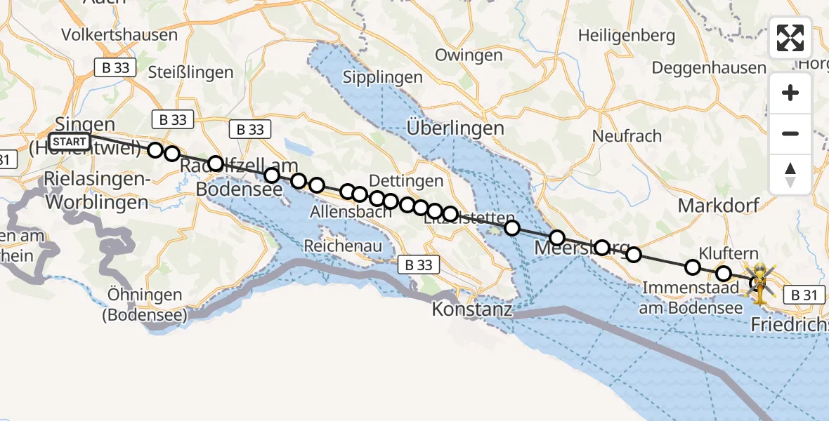 Flugroute Rettungshubschrauber Singen (Hohentwiel) - Friedrichshafen Hospital, 15 März 2026, 13:28