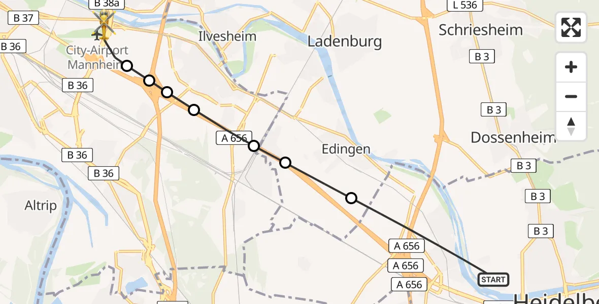 Flugroute Rettungshubschrauber Heidelberg - Mannheim-City Airport, 15 März 2026, 13:30
