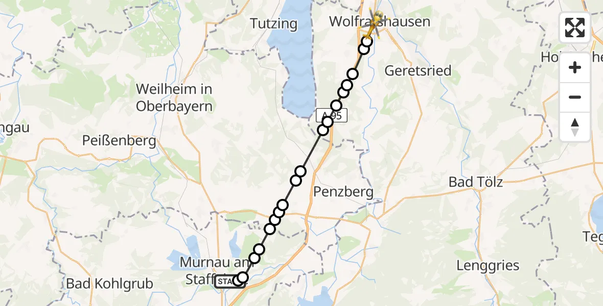 Flugroute Rettungshubschrauber Murnau Accident Hospital - Wolfratshausen, 15 März 2026, 13:57