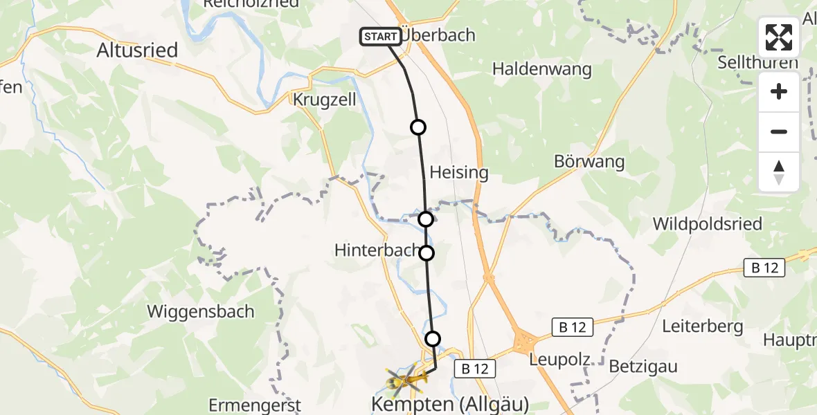 Flugroute Rettungshubschrauber Überbach - Kempten (Allgäu), 15 März 2026, 13:59
