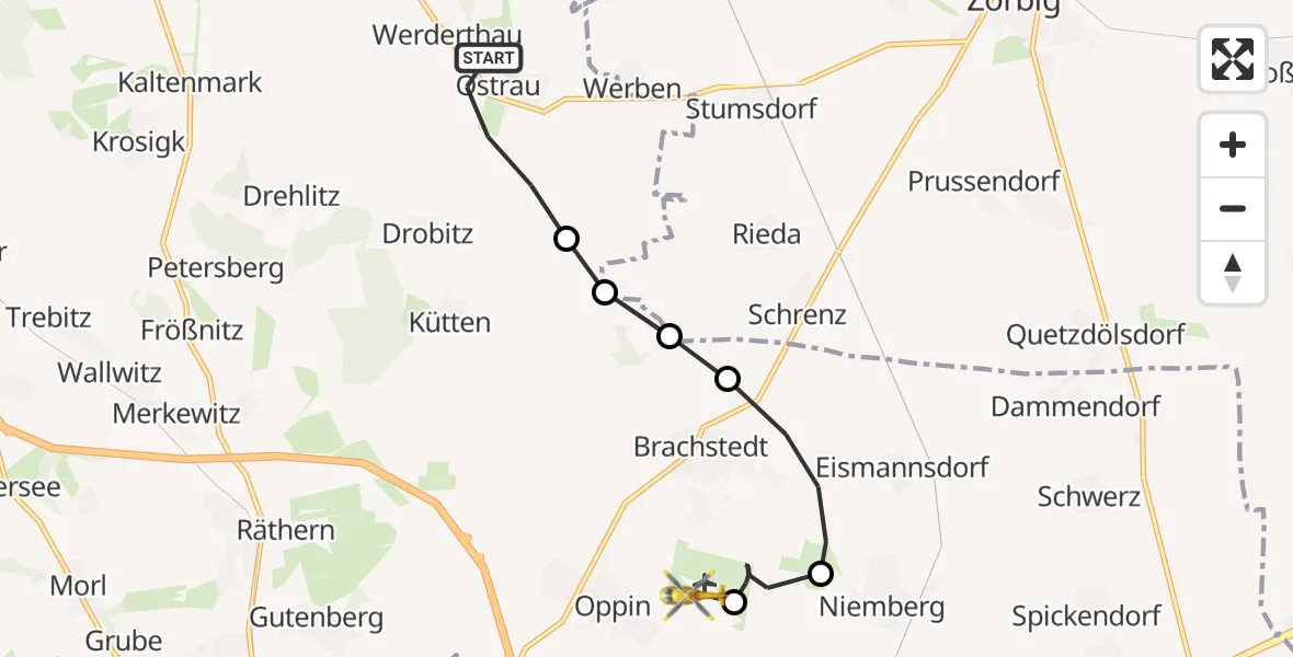 Flugroute Ambulanzhubschrauber Ostrau - Halle-Oppin Airfield, 15 März 2026, 14:09