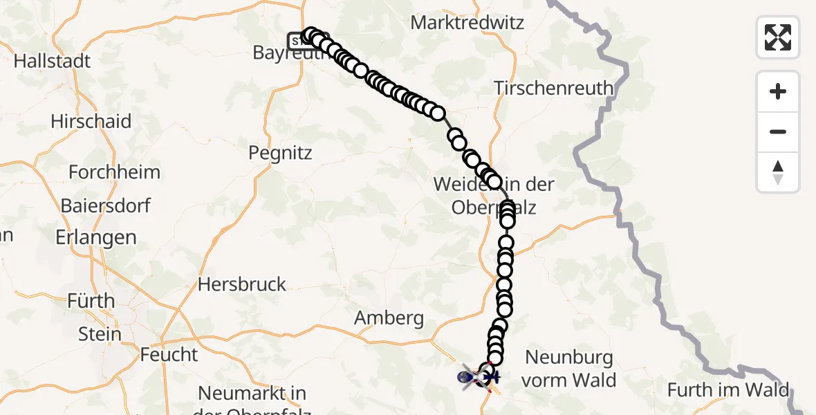 Flugroute Polizeihubschrauber Bayreuth - Fronberg, 15 März 2026, 14:10