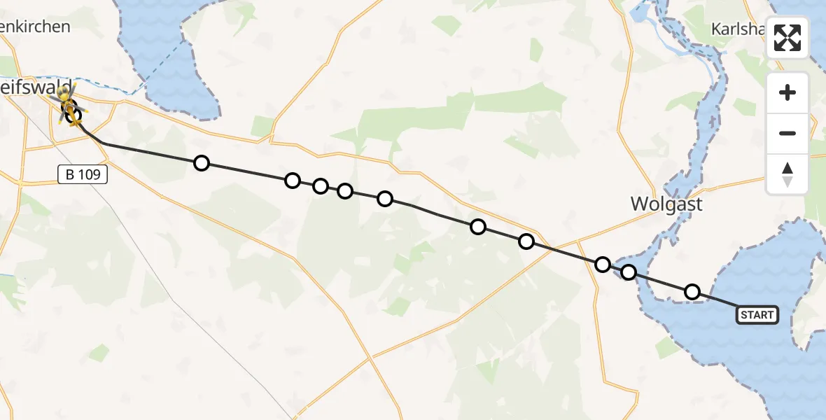 Routekaart van de vlucht: Rettungshubschrauber nach Greifswald Hospital