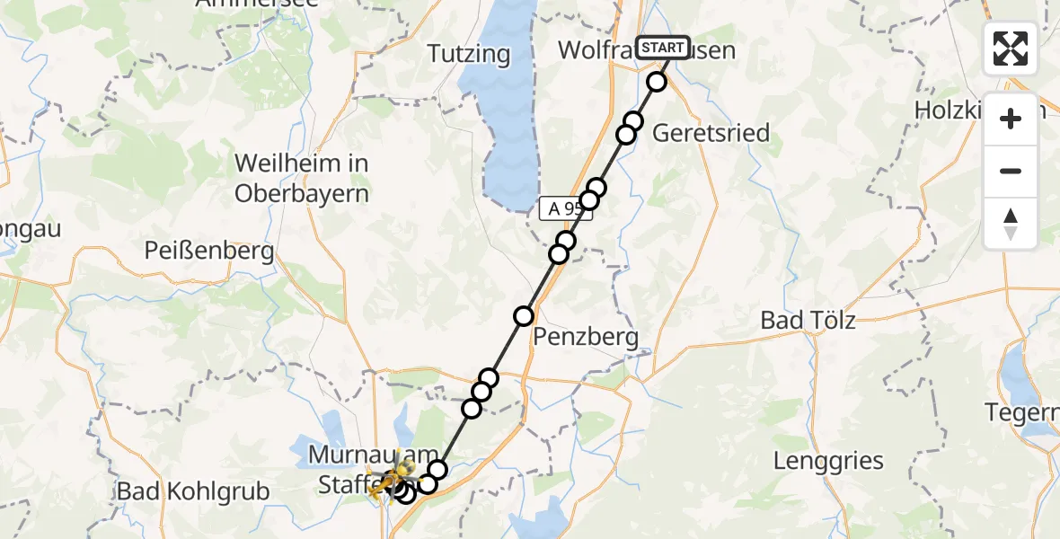 Flugroute Rettungshubschrauber Wolfratshausen - Murnau Accident Hospital, 15 März 2026, 14:26