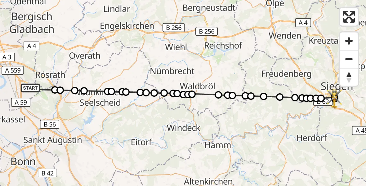 Flugroute Ambulanzhubschrauber Cologne Bonn Airport - Evangelisches Jung-Stilling Hospital, 15 März 2026, 14:29