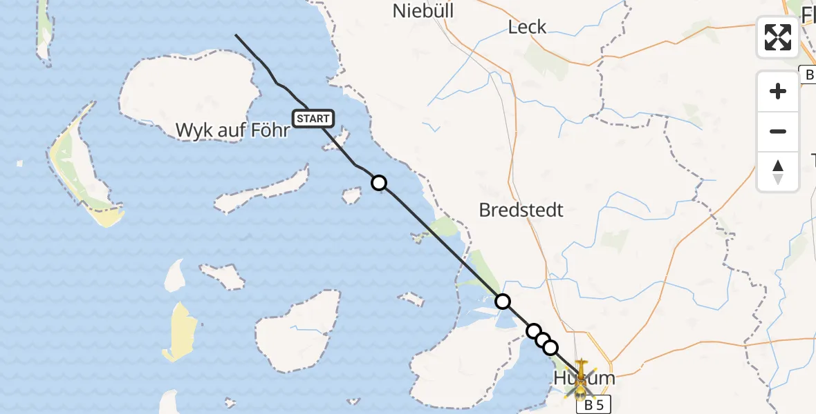 Flugroute Rettungshubschrauber Dagebüll-Hafen - Husum, 15 März 2026, 14:45