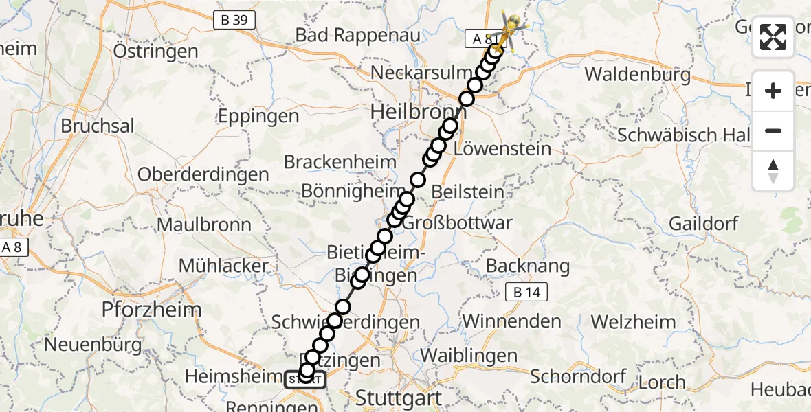Flugroute Rettungshubschrauber Leonberg Hospital - Kochersteinsfeld, 15 März 2026, 14:54