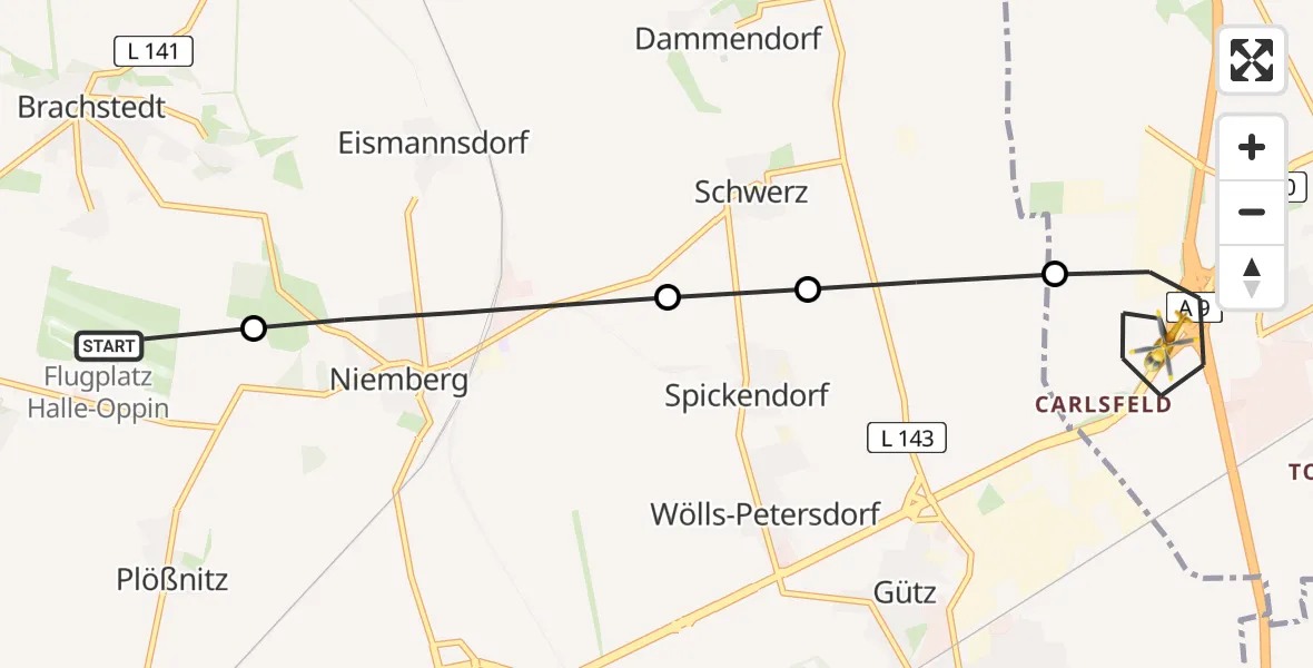 Flugroute Rettungshubschrauber Halle-Oppin Airfield - Brehna, 15 März 2026, 14:58