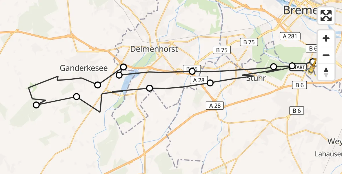Routekaart van de vlucht: Rettungshubschrauber nach ADAC Air Rescue Station Bremen Heliport (Christoph 6)