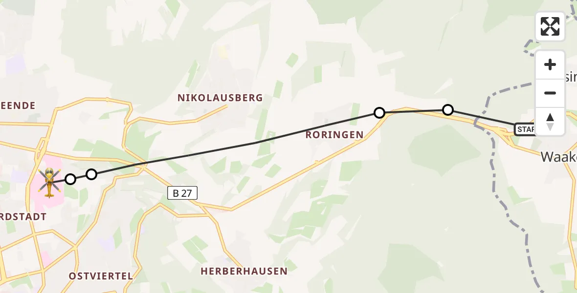 Routekaart van de vlucht: Rettungshubschrauber nach Göttingen University Clinic Heliport
