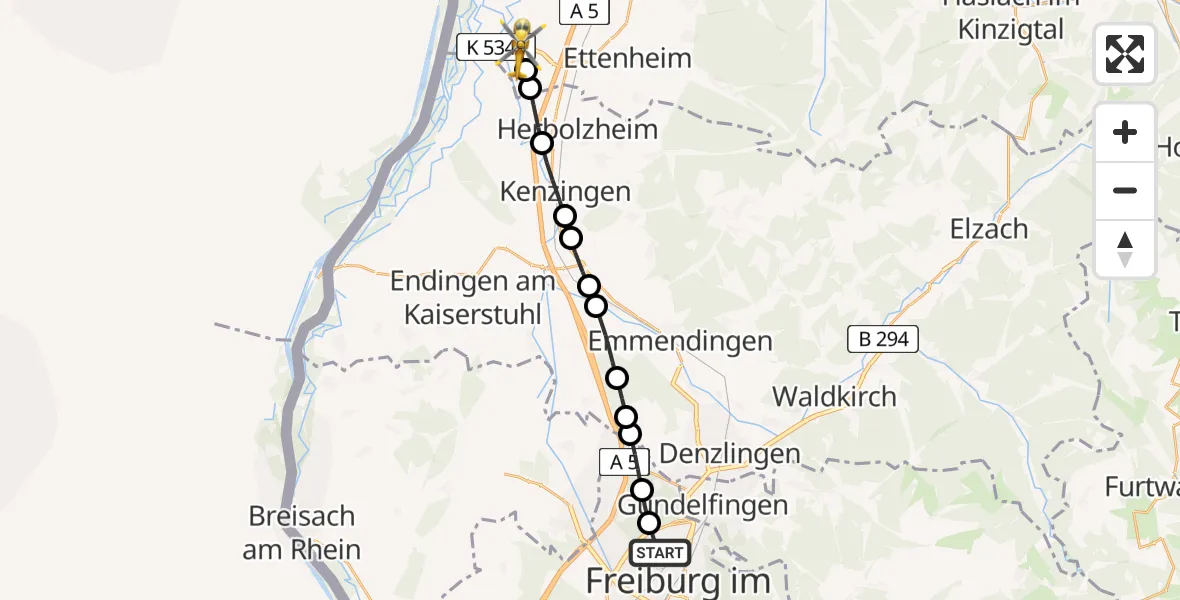 Flugroute Rettungshubschrauber Freiburg im Breisgau Airfield - Rust, 15 März 2026, 15:12