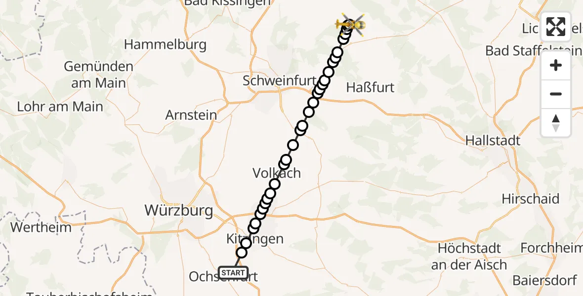 Flugroute Rettungshubschrauber Frickenhausen am Main - Aidhausen, 15 März 2026, 15:12