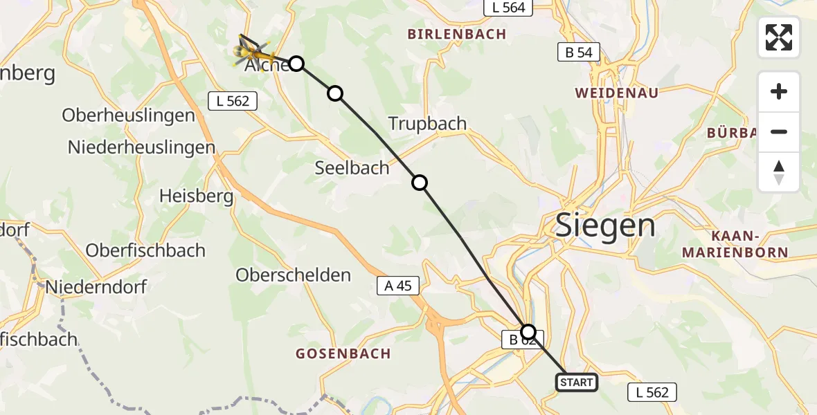 Flugroute Rettungshubschrauber Evangelisches Jung-Stilling Hospital - Alchen, 15 März 2026, 15:14