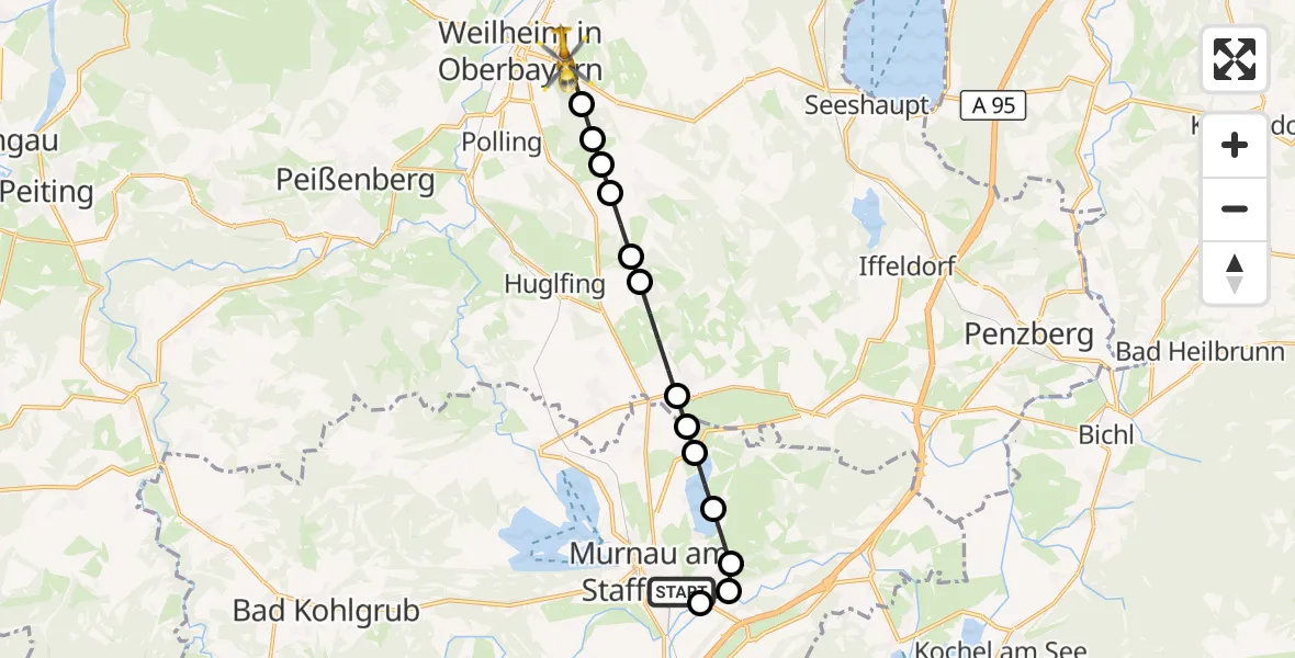 Flugroute Rettungshubschrauber Murnau Accident Hospital - Deutenhausen, 15 März 2026, 15:16