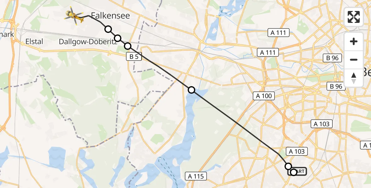 Flugroute Rettungshubschrauber Charité Clinic Benjamin Franklin Campus - Falkensee, 15 März 2026, 15:23
