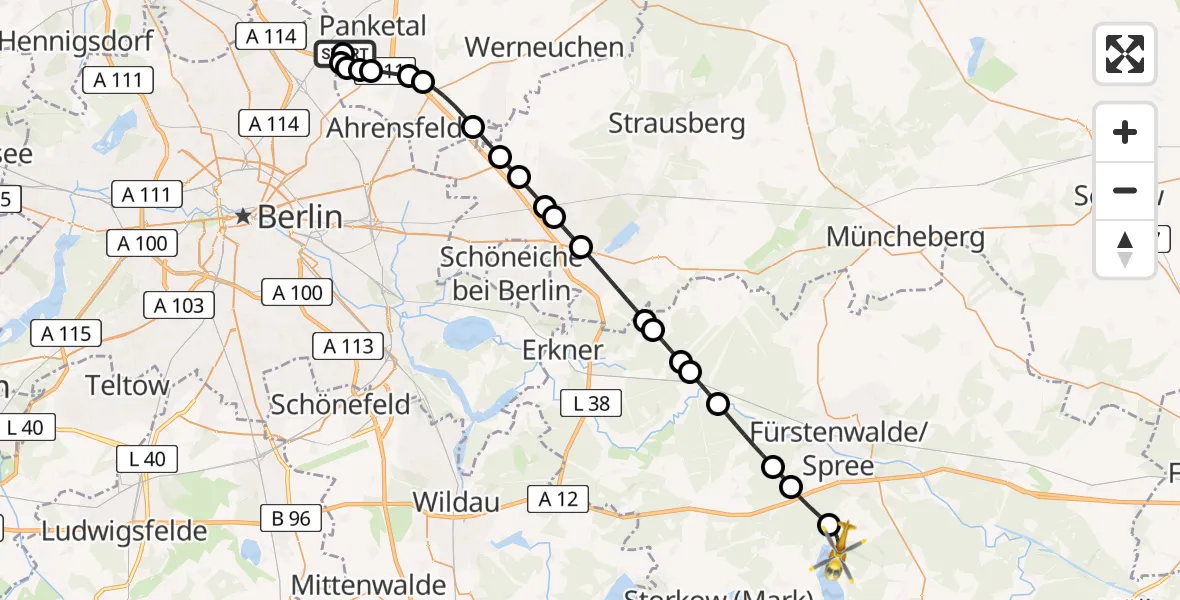 Flugroute Rettungshubschrauber Helios Clinic Berlin-Buch - Bad Saarow, 15 März 2026, 15:24