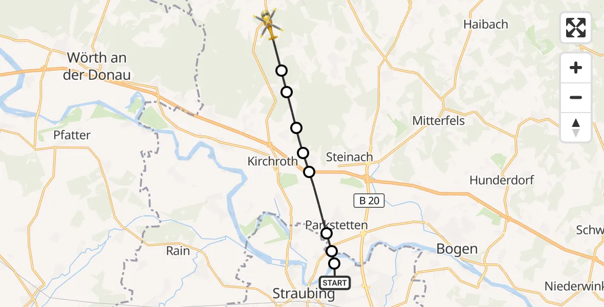 Flugroute Rettungshubschrauber Sankt Elisabeth Hospital Straubing - Thurasdorf, 15 März 2026, 15:25