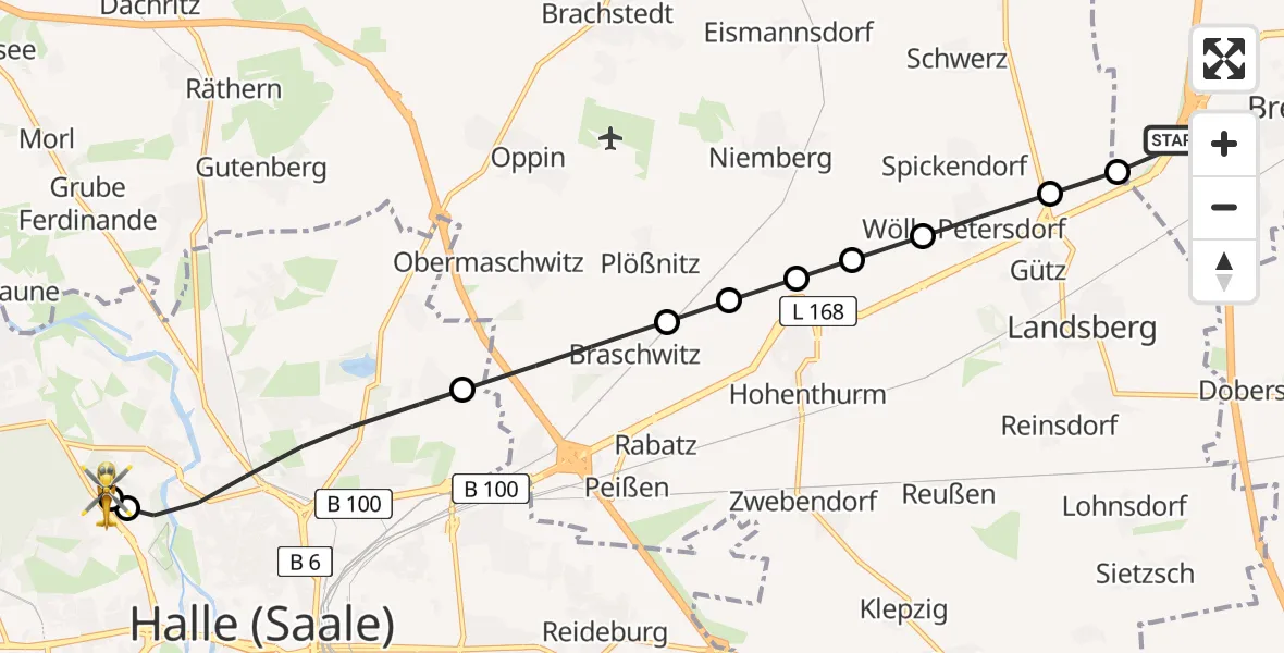 Flugroute Rettungshubschrauber Brehna - Halle (Saale) University Hospital, 15 März 2026, 15:35