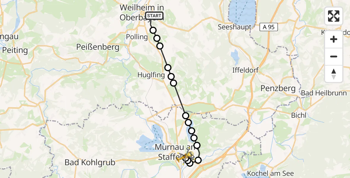 Routekaart van de vlucht: Rettungshubschrauber nach Murnau Accident Hospital