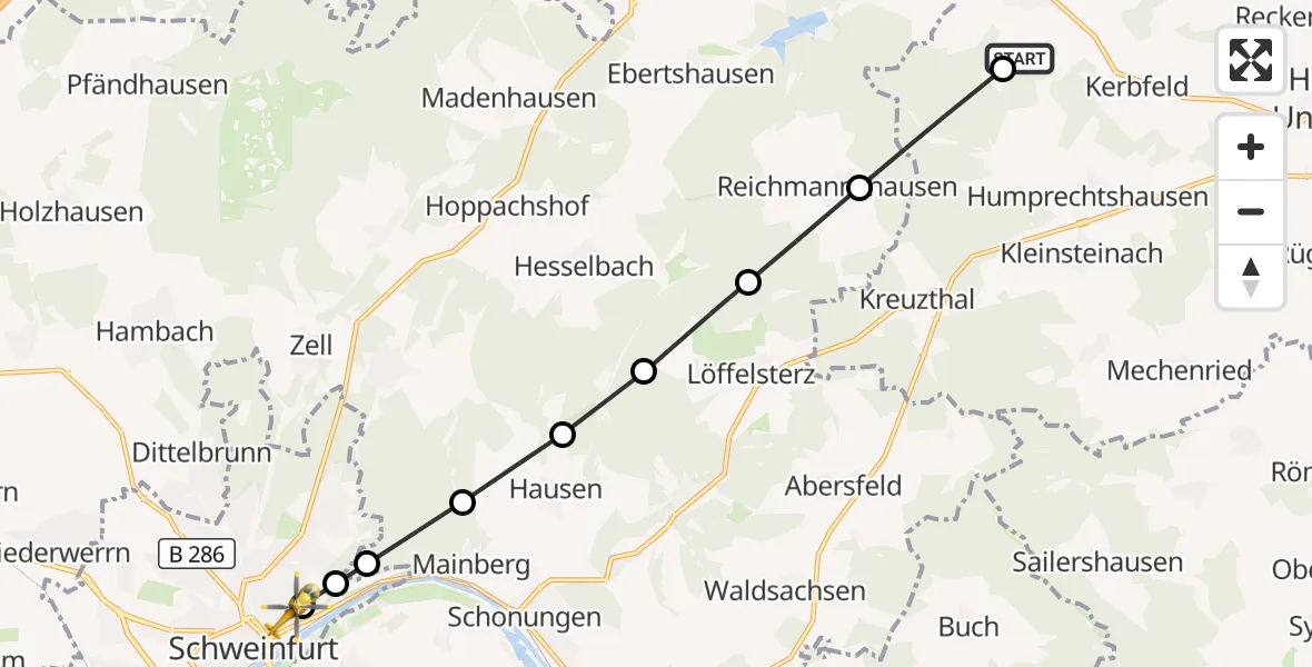 Flugroute Rettungshubschrauber Humprechtshausen - Leopoldina Schweinfurt City Hospital, 15 März 2026, 15:41