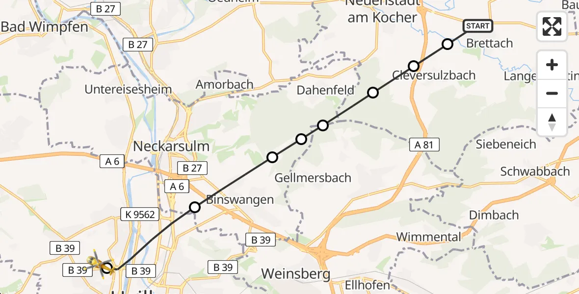 Flugroute Rettungshubschrauber Brettach - Heilbronn Hospital, 15 März 2026, 15:45