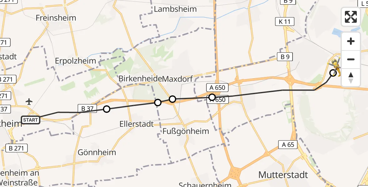 Flugroute Rettungshubschrauber Bad Dürkheim - Ludwigshafen Accident Hospital, 15 März 2026, 15:48