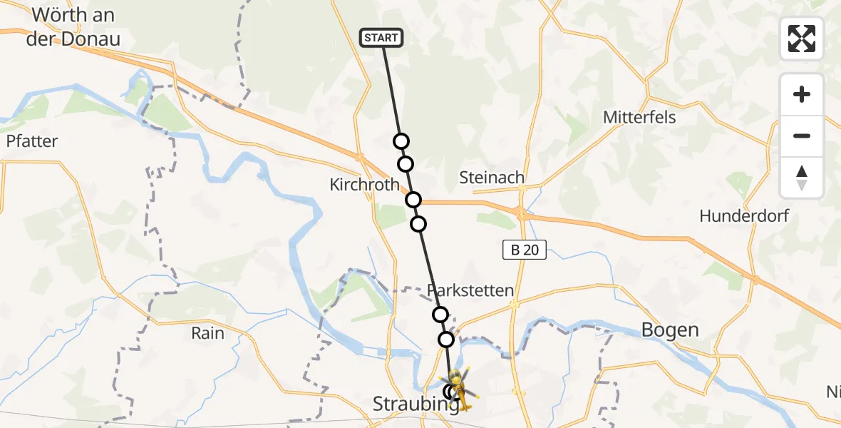 Flugroute Rettungshubschrauber Saulburg - Sankt Elisabeth Hospital Straubing, 15 März 2026, 15:56
