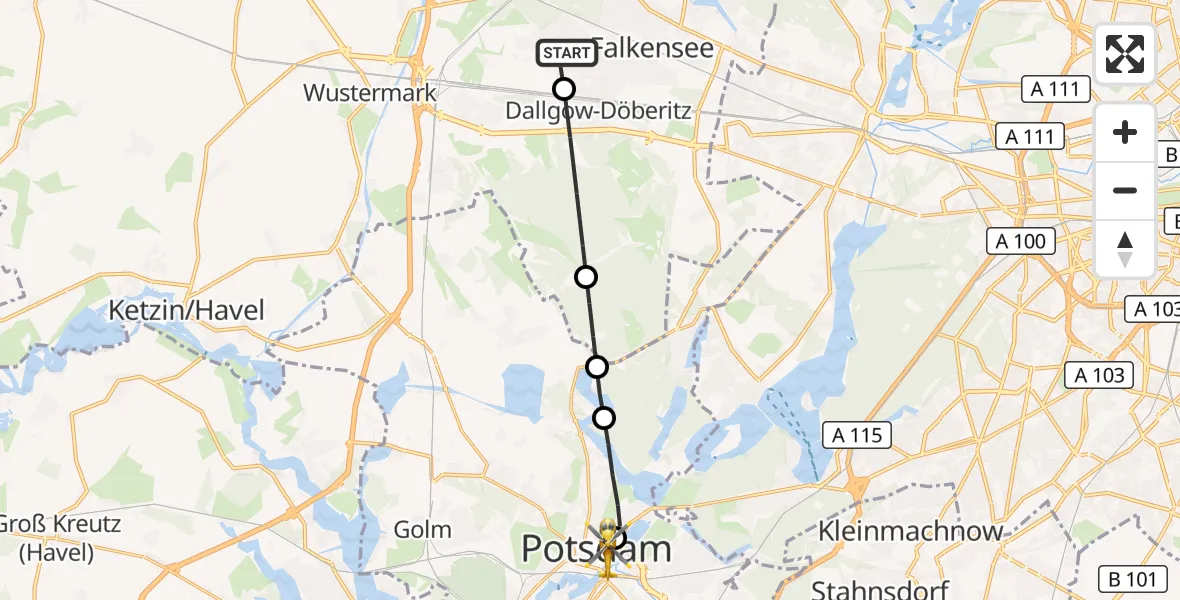 Flugroute Rettungshubschrauber Falkensee - Ernst von Bergmann Clinic Heliport, 15 März 2026, 16:07