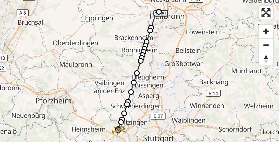 Flugroute Rettungshubschrauber Heilbronn Hospital - Leonberg Hospital, 15 März 2026, 16:12