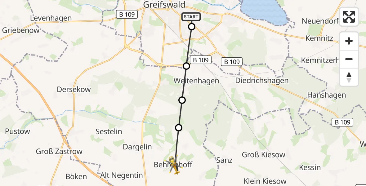 Flugroute Rettungshubschrauber Greifswald Hospital - Behrenhoff, 15 März 2026, 16:18