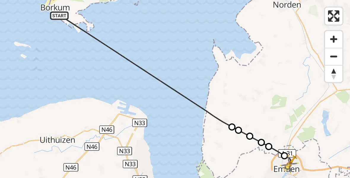 Flugroute Rettungshubschrauber Noordzee - Emden, 15 März 2026, 16:30