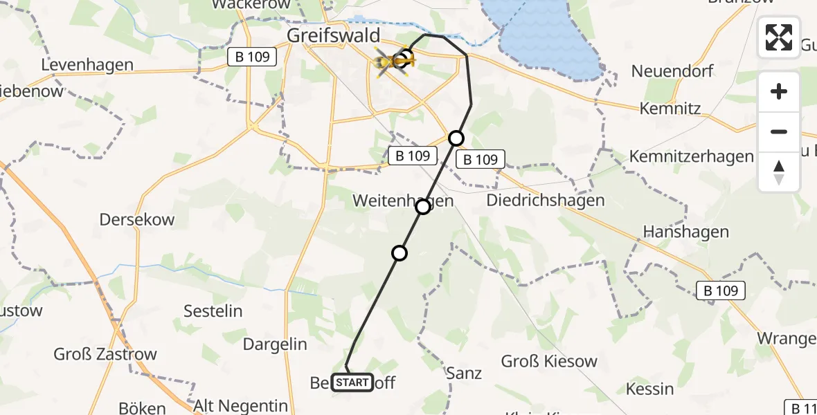 Routekaart van de vlucht: Rettungshubschrauber nach Greifswald Hospital